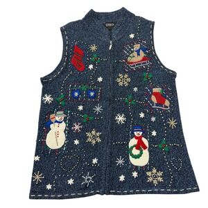 Erika Womens Blue Christmas Grannycore Sweater Vest Zip Up Ugly Sweater Size S